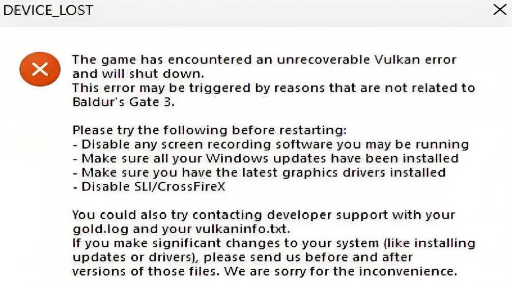 Baldur's Gate 3 Device Lost Error